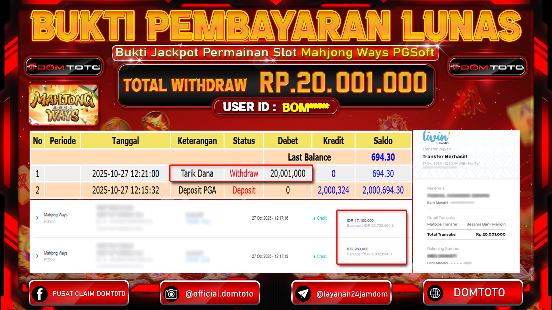 JACKPOT SLOT Mahjong Ways PGSoft 27 OKTOBER 2025